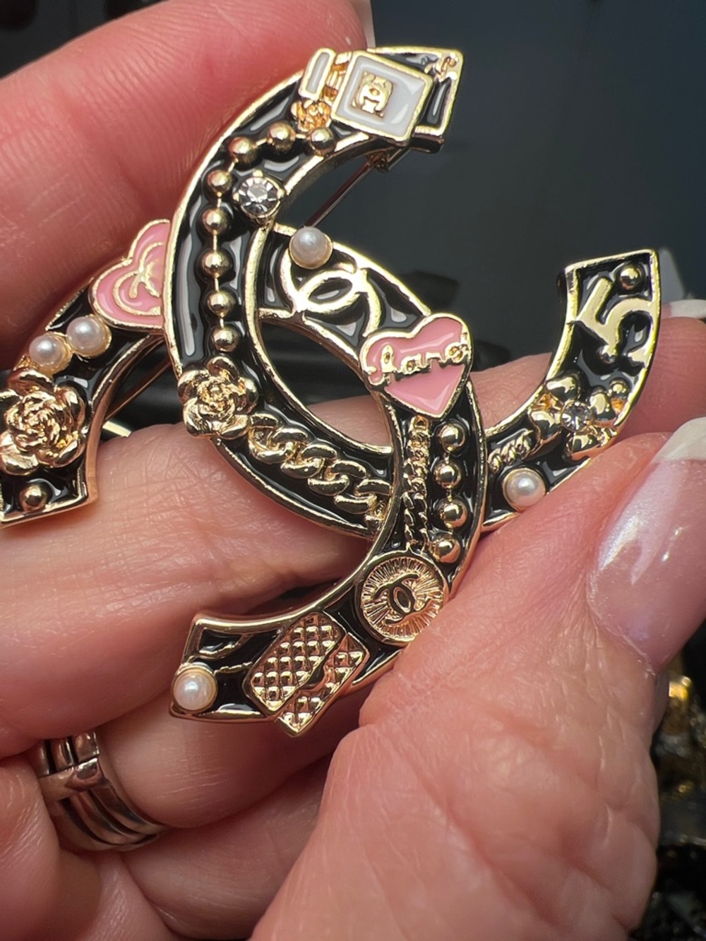 Gold-Tone Black & Pink Interlocking C Style Brooch - Designer Inspired
